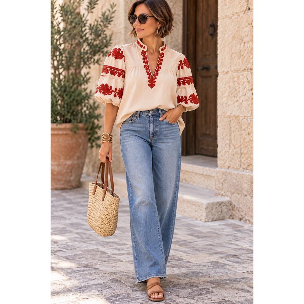 Entro Good Afternoon Blouse Sz L Cream Rust Red Embroidered Puff Sleeve Boho NWT - Picture 9 of 9